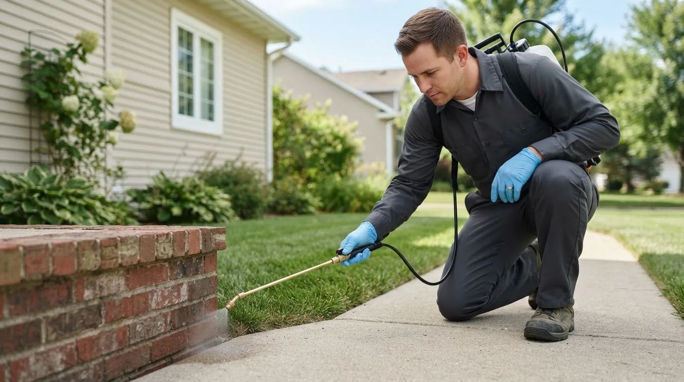 Pest control technician treating a home near Center, ND