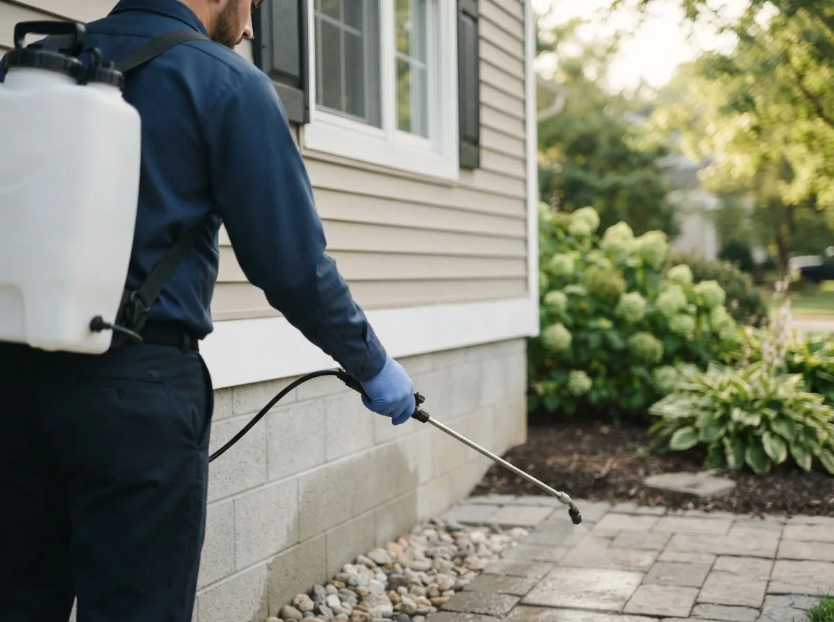 Pest control technician inspecting a home in Center, ND